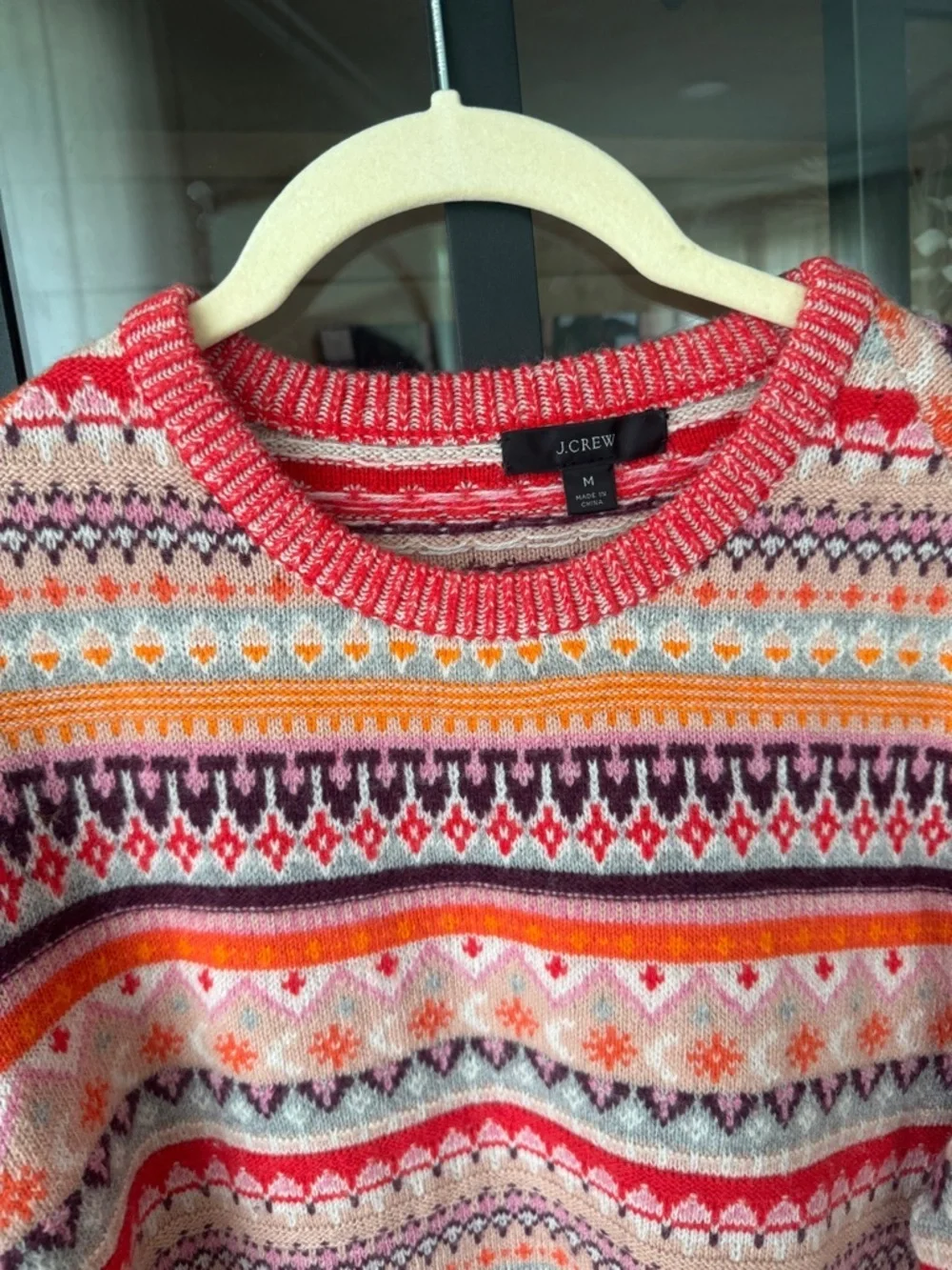 J. Crew Fair Isle lambswool sweater Cropped Crewneck knit Bright Cerise Peony